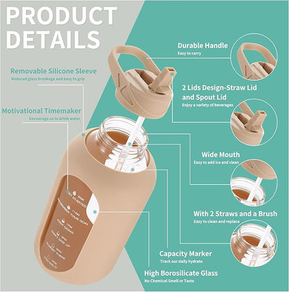 CIVAGO 64 oz Glass Water Bottle Jug with Straw and Handle, Half Gallon Sports Motivational Water Bottle with Time Marker and 2 Lids, Large Water Flask Canteen with Silicone Sleeve for Gym,Beige