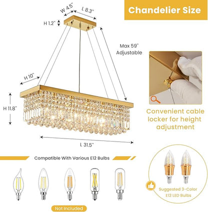 Siljoy 6-Light Modern Crystal Chandelier Rectangular Gold K9 Crystal Raindrop Chandelier for Dining Room, Luxury Adjustable Ceiling Pendant Light for Living Room Kitchen Island L31.5'' x W10'' x H10''