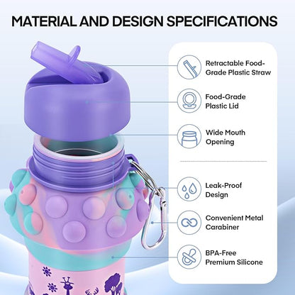 Kids Sports Collapsible Water Bottle | Ball Shaped Drinking Cup | Foldable BPA Free Leakproof Lightweight Silicon Jug | School Lunch Mug Team Gift Travel (Bubble Animal 550ml/18.6oz)