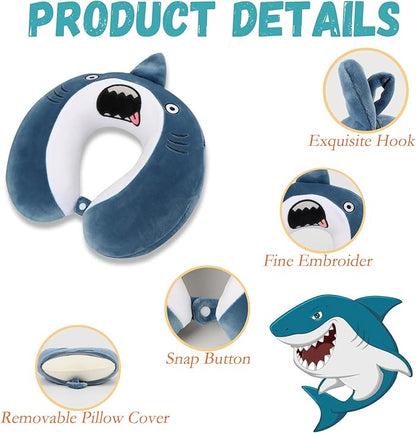 Kids Neck Pillow for Travel with Sleep Eye Mask, Cute Travel Neck Pillow, Memory Foam Cartoon Flight Sleeping Headrest Pillow for Boys & Girls, Airplane, Train, Car, Home Use - BigMouth Shark