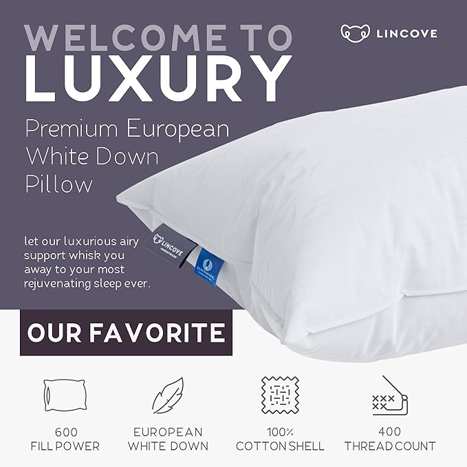Lincove 100% European Down Venus Pillow – German Down 600 Fill Power, 400 Thread Count Shell, Made in Canada, | Luxe Collection, Standard - Soft