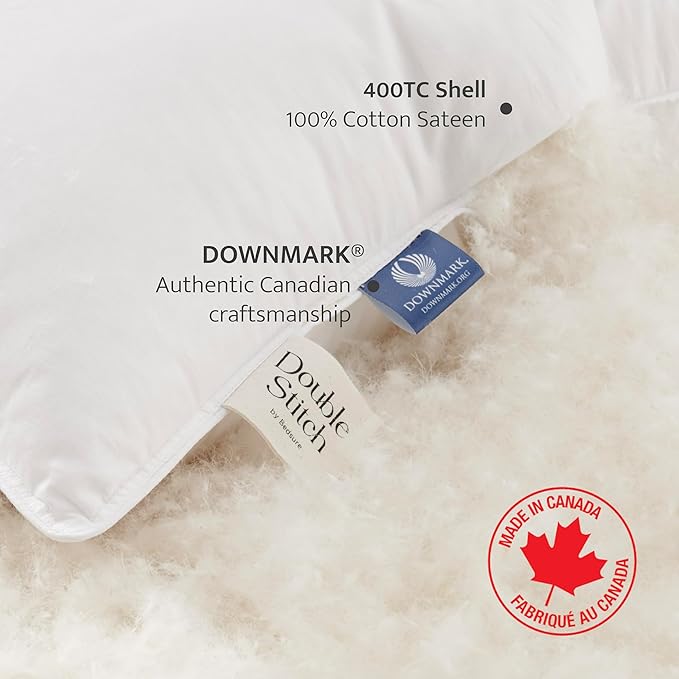 Double Stitch Luxury US White Down Pillow - Made in Canada, 400 Thread Count 100% Cotton Shell, Soft 700 Fill Power Down Bed Pillow, Soft Sleeping Pillow 3-Chamber, King(20" x 36")