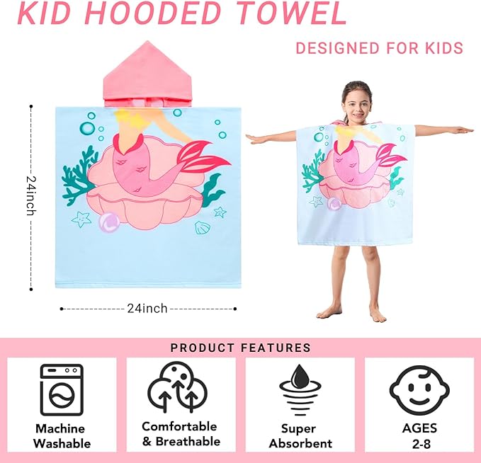 Kids Blue Mermaid Hooded Beach Towel Girls Cute Poncho Pool Towels with Hood 24*47 in Soft Microfiber Swim Cover-ups Kids Ages 3-10 Thick Absorbent Cotton Hooded Bath Towel Wrap Bathrobe
