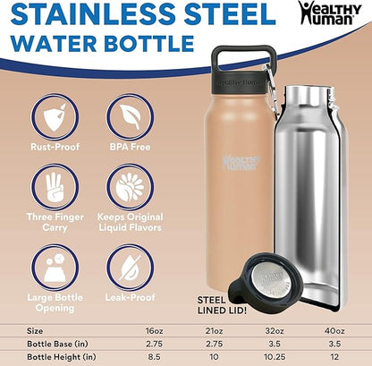 Healthy Human Stainless Steel Water Bottle | Double Walled Vacuum Insulated Water Thermos for Adults | Eco-Friendly Travel Bottles with Leak Proof Lid (Papaya, 21 oz/ 621 ML)