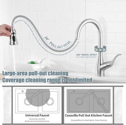 Kitchen Faucet with Soap Dispenser, Faucet for Kitchen Sink, Single Handle Stainless Steel Kitchen Sink Faucets with Pull Down Sprayer and Deck Plate, RV Sink Faucet, Nickel Brushed