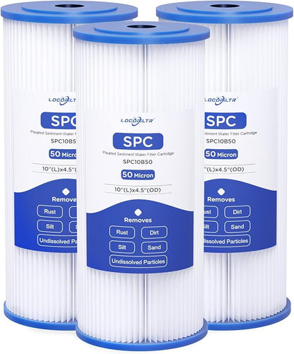 Whole House Water Filter Cartridge Replacement for Well Water, 50 Micron Water Filter 10" x 4.5" Pleated Sediment Water Filter Compatible with FXHSC, R50-BBSA, WFHDC3001, W50PEHD - 3 Pack