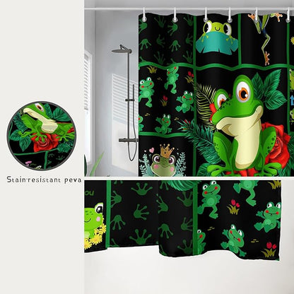AILONEN Cartoon Frog Shower Curtain 72" W*72" H,Funny Frog Cartoon Green Animal Shower Curtain,Frog Lover Curtain Bathroom Decor Shower Curtain with 12 Hooks