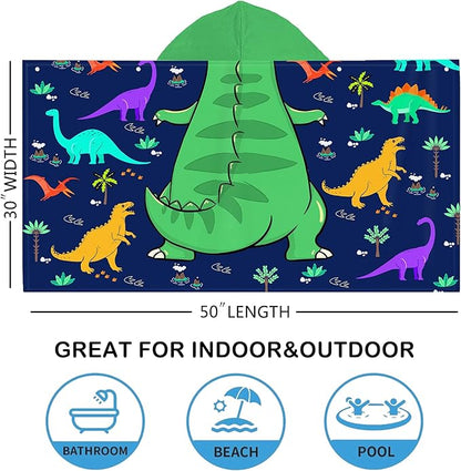 Dinosaur Beach Towel, Dinosaur Towel for Kids with Hood T-rex Hooded Towel for Boys 30x50 Cool Cartoon Microfiber Bath Towel Poncho Bathrobe for Swin Pool Cover Up, Green Blue Dinosaur Birthday Gifts