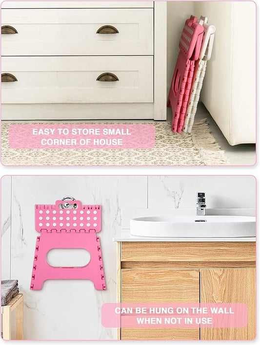 Folding Step Stool 11", Durable Kids Step Stool, Heavy Duty Step Stools for Adults, Compact Foot Stools, Light-Weight Toddler Step Stool for Kitchen, Bathroom, Holds Up to 300 lbs (Pink)