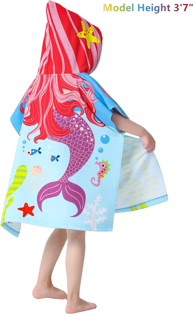 Lightweight Microfiber Hooded Beach Towel for Kids, Toddlers Bath/Pool/Swim Poncho Cover-ups Swimwear (3D Mermaid with bag)