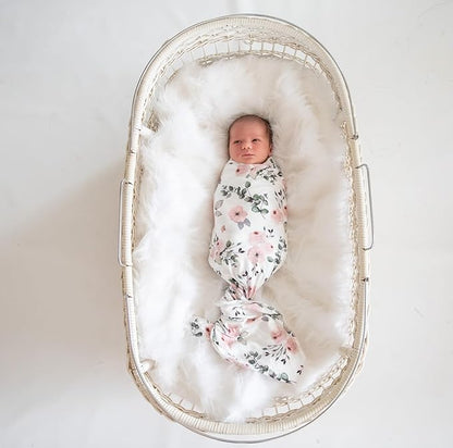 Newborn Baby Girl Swaddle and Headband Sets Receiving Blanket Stretchy Knit Swaddle Set(Green Leaf and Pink Floral)