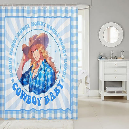 Manfei Western Cowboy Kids Shower Curtains,Cowboy Hat Rustic Farmhouse Bathroom Curtains for Boys Men,Geometric Grids Patchwork Stylish Blue Cartoon Waterproof Curtains,12 Hooks Suits,72" W x 72" L
