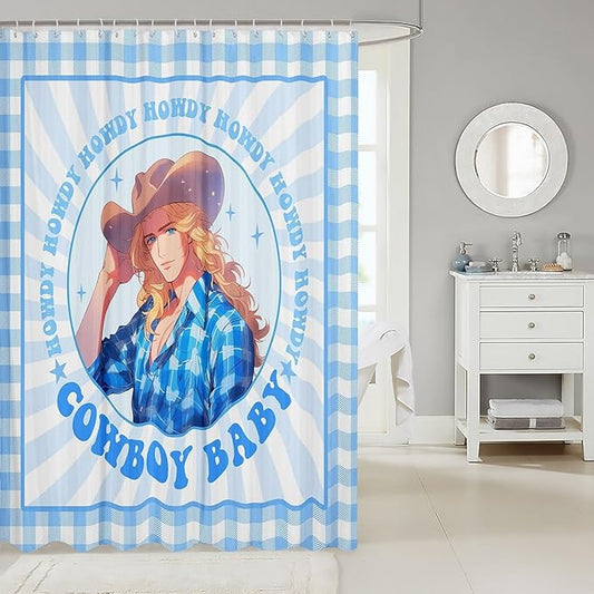 Manfei Western Cowboy Kids Shower Curtains,Cowboy Hat Rustic Farmhouse Bathroom Curtains for Boys Men,Geometric Grids Patchwork Stylish Blue Cartoon Waterproof Curtains,12 Hooks Suits,72" W x 72" L