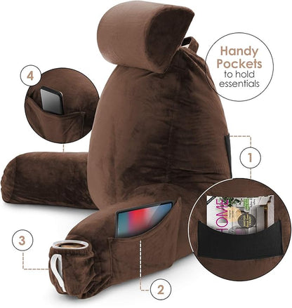 Nestl Reading Pillow Large Bed Pillow, Back Pillow for Sitting in Bed Memory Foam Chair Pillow, Reading & Bed Rest Pillows Chocolate Brown Back Pillow for Bed, Bed Chair Arm Pillow with Pockets