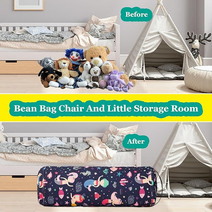 Stuffed Animal Bean Bag Storage Chair for Kids Cover Only (No Filler), Organize, Sit, Play & Boxing, 100% Cotton Canvas Washable, Ultra Soft Cylinder Long Vertical Zipper Best Gift for Child