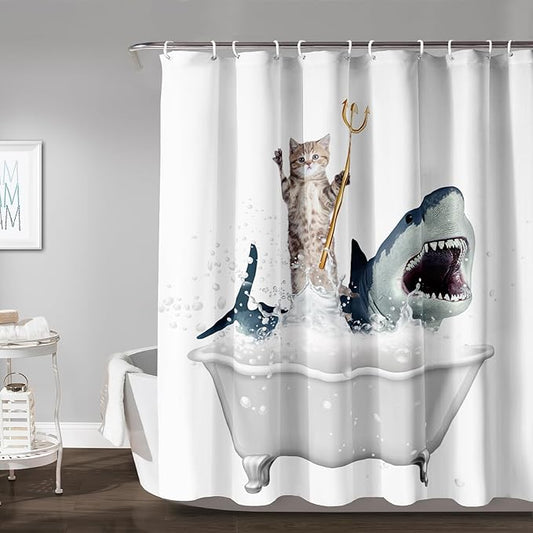 AILONEN 3D Bathtub Shark Shower Curtain for Kids 150 * 180 Inch,Cat Riding Shark in a Bathtub Shower Curtain,12 Pack Hooks Polyester Waterproof Fabric Decor for Bathroom Bathtub Panels