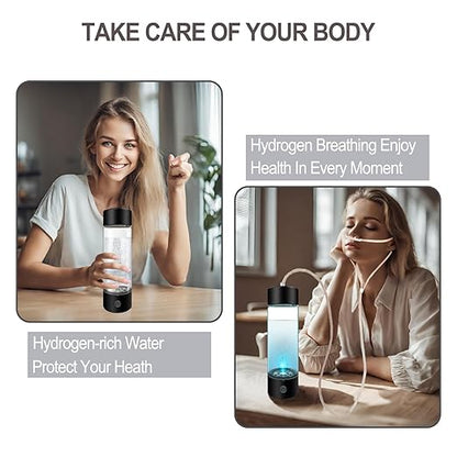 Hydrogen Water Bottle, 2024 Portable Hydrogen Water Bottle Generator with Inhaler Adapter, Rechargeable Hydrogen Rich Water hydrogenator Glass Health Cup for Home Office, 420ML(Black)