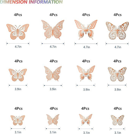 SAOROPEB 3D Butterfly Wall Decor, 48 Pcs 4 Styles 3 Sizes, Removable Metallic Wall Sticker Room Mural Decals for Kids Bedroom Nursery Classroom Party Decoration Wedding Decor DIY Gift (Rose Gold)