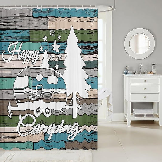 Feelyou Happy Camping Shower Curtain Camper Fabric Shower Curtain Kids Boys Girls Camping Print Decor Bathroom Waterproof Accessories with 12 Hooks Rustic Vintage Farmhouse Style Curtains,72x78 Inches