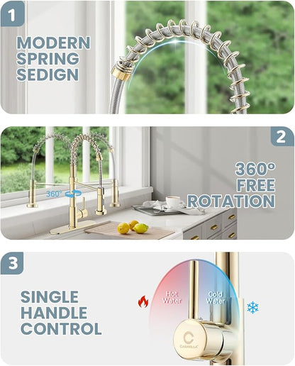 Gold Kitchen Faucet, Kitchen Faucet with Soap Dispenser, Pull Down Kitchen Faucet with Sprayer, Single Handle Kitchen Sink Faucet with Dual Function Spray Head, Camper Laundry RV Faucet,PVD