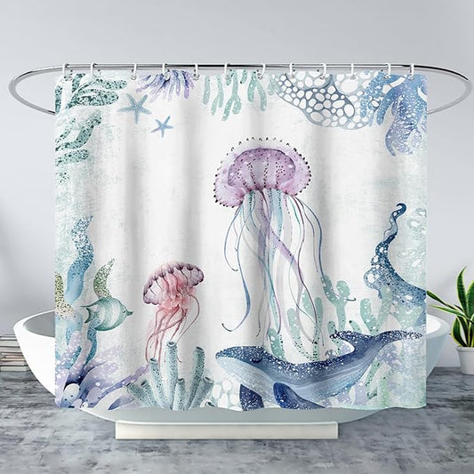AILONEN Cartoon Jellyfish Shower Curtain for Bathroom Teal Blue Ocean Beach Coastal Bath Curtain Decor 72" W*72" H Polyester Fabric Waterproof Bathroom Curtain with 12 Hooks