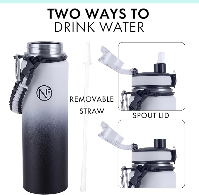 32 oz Insulated Water Bottle With Detachable Straw & Paracord Handle, Stainless Steel Thermos Water Bottle with Leakproof Lockable Lid, BPA-Free Sports Bottle (White Black Gradient)