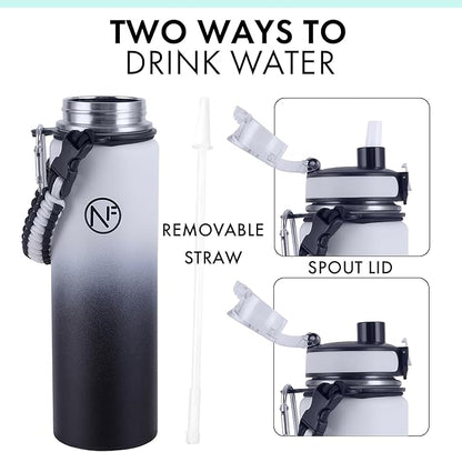 32 oz Insulated Water Bottle With Detachable Straw & Paracord Handle, Stainless Steel Thermos Water Bottle with Leakproof Lockable Lid, BPA-Free Sports Bottle (White Black Gradient)