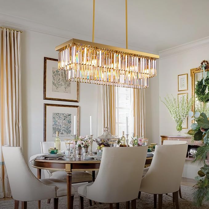 Siljoy 10 Lights Modern Crystal Chandelier Gold Rectangular 2 Tiers Crystal Raindrop Chandelier Luxury Adjustable Rectangle Flush Mount Pendant Ceiling Light for Dining Room Kitchen Island Bar L40''