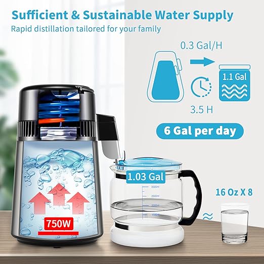 VEVOR Water Distiller, 304 Stainless Steel Countertop Water Stiller, 0.3Gal/H, 0-99H Timing Dual Temp Display, 1.1Gal Distilled Water Maker Machine, Glass Carafe, 3 Carbon Bags, Citric Acid Powder