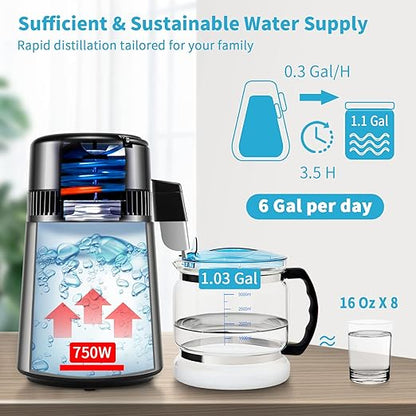 VEVOR Water Distiller, 304 Stainless Steel Countertop Water Stiller, 0.3Gal/H, 0-99H Timing Dual Temp Display, 1.1Gal Distilled Water Maker Machine, Glass Carafe, 3 Carbon Bags, Citric Acid Powder