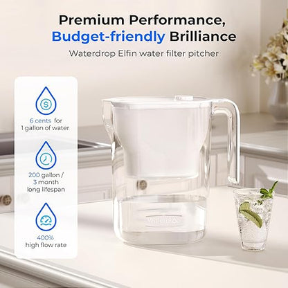 Waterdrop 200-Gallon Long-Life Water Filter Pitcher, NSF Certified Water Purifier, Replaces 6,400 Plastic Water Bottles a Year, Reduces Chlorine, PFOA/PFOS, 7-Cup, White