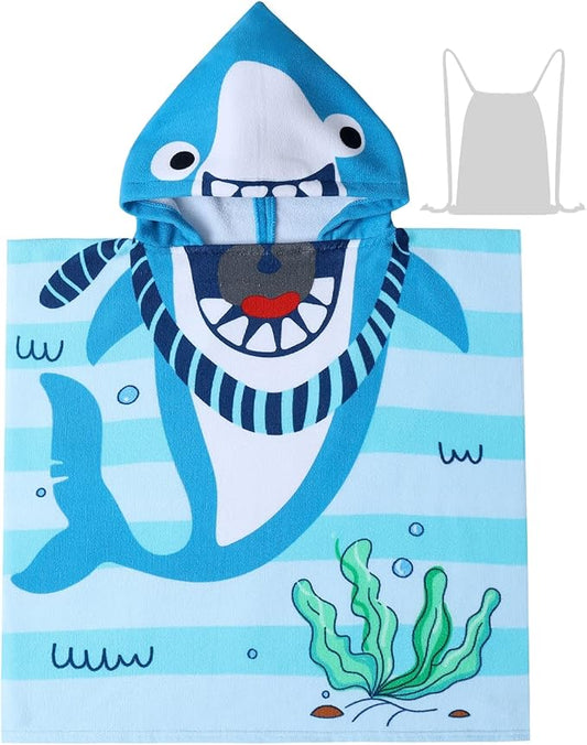 Kids Beach Towels with Hood Toddlers Hooded Towel Poncho Swim Cover-ups with Drawstring Bag (Blue Shark (24x24 inches))