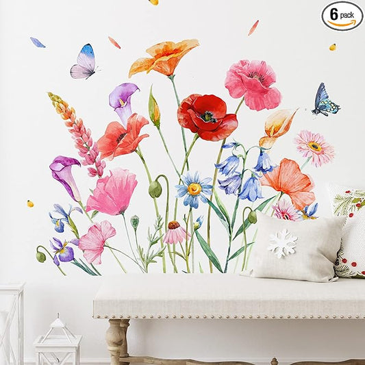 Zonon Flowers Wall Decals Vinyl Dragonflies Flowers Wall Stickers Removable Floral Wall Murals Peel and Stick Colorful Flower Wall Decor for Bedroom Living Room Nursery(Exquisite)
