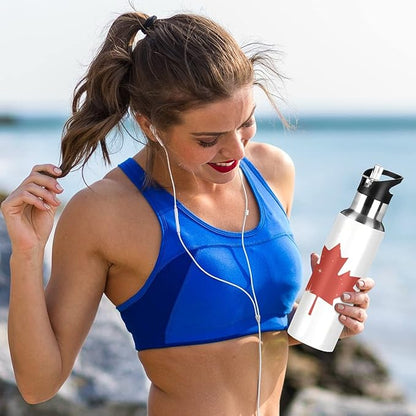 Canadian Flag Sports Water Bottle, Double Wall Vacuum Insulated Stainless Steel Water Bottle with Straw Keeps Hot and Cold, Bike Running Sports Travel Gym 20oz