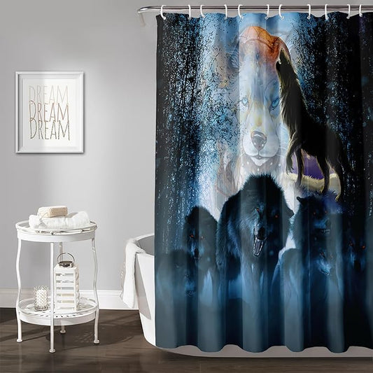 AILONEN Boys Wolf Shower Curtain for Bathroom Decor,3D Howling Wolf Ferocious Wolf Wildlife Decor Bath Curtain 72" W*96" H Polyester Fabric Waterproof Bathroom Curtain with 12 Hooks