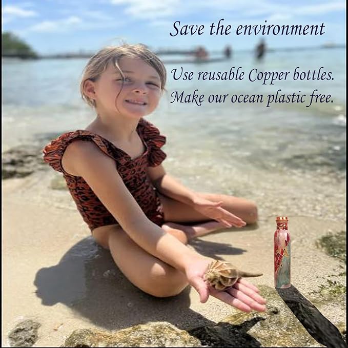 Pure Copper Water Bottle - Handcrafted - Ayurveda Health Benefits - Large 35 oz - Leak proof - Easy to carry for Sports, Fitness, Yoga, School - Textured Red Floral Patterns