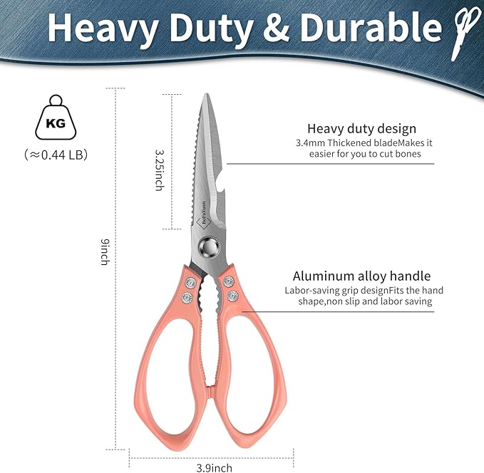 Kitchen Shears for Food Heavy-Duty: Multipurpose Kitchen Shears for Cutting Chicken, Bone, Meat, Food, (9'' Pink)