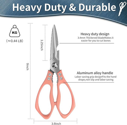 Kitchen Shears for Food Heavy-Duty: Multipurpose Kitchen Shears for Cutting Chicken, Bone, Meat, Food, (9'' Pink)
