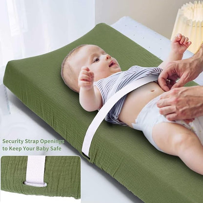 Muslin Changing Pad Cover for Baby Girls Boys-2 Pack 17"x 33" Cotton Soft Breathable Diaper Changing Pad Cover-Breathable Changing Pad Sheets-Neutral Boho Baby Showers Gift-Olive Green & Beige Colors