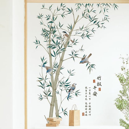 Large Bamboo Wall Stickers, Removable DIY Green Plants Flying Birds Wall Murals Peel and Stick 3D Wall Art Stickers Home Decor for Gilrs Bedroom Nursery Rooms Living Room