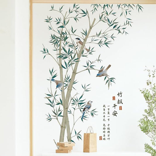 Large Bamboo Wall Stickers, Removable DIY Green Plants Flying Birds Wall Murals Peel and Stick 3D Wall Art Stickers Home Decor for Gilrs Bedroom Nursery Rooms Living Room