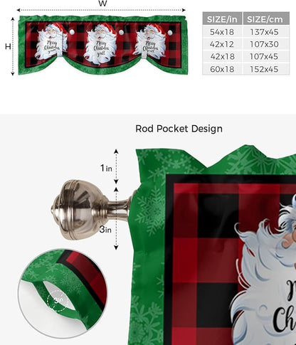 Merry Christmas Y'all Blackout Tie Up Valance Curtains for Kitchen Windows Xmas Santa Claus Window Toppers Balloon Shades for Living Room/Bathroom/Bedroom,1 Panel,42" X 12" Red Buffalo Plaid