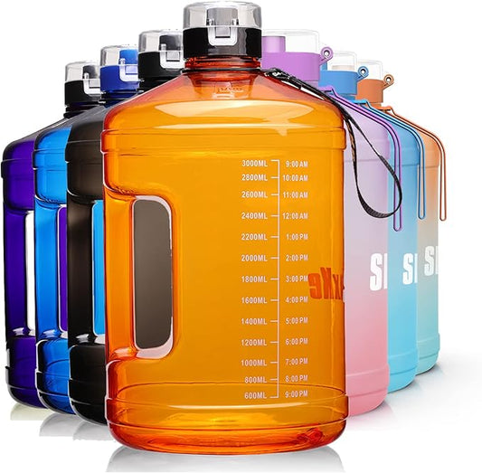 Gallon Big Water Bottle with Handle, 128oz Leakproof BPA Free Fitness Sports Water Bottle with Motivational Time Marker & Wide Mouth Ensure You Drink More Water