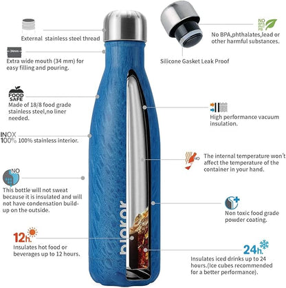 BJPKPK Insulated Water Bottles -17oz/500ml -Stainless Steel Water Bottles,Sports Water Bottles Keep Cold for 24 Hours and Hot for 12 Hours,BPA Free Water Bottle,wood-Ice Blue