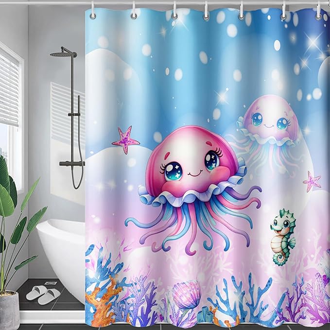AILONEN Jellyfish Shower Curtain, Cute Jellyfish Starfish Seahorse Coral Pink Bath Curtain,Ocean Theme Shower Curtain 48" W*72" H Polyester Waterproof Bathroom Curtain with 12 Hooks