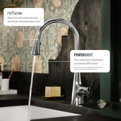 Moen Haelyn Chrome Single-Handle Pull-Down Sprayer Kitchen Faucet Featuring Power Boost for a Faster Clean, Soap Dispenser Included, 87627