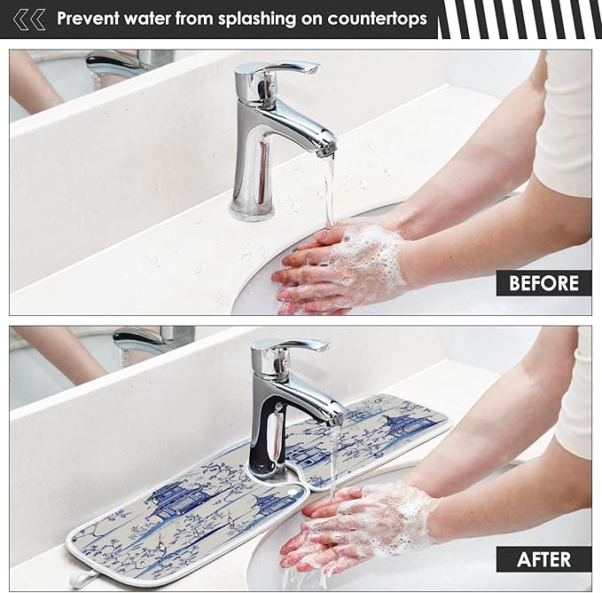 Kitchen Faucet Absorbent Mat, Ink Chinese Pagodas Trees Water Splash Guard for Sink, Faucet Drip Catcher Thicken Sponge Microfiber Faucet Water Catcher Mat Sink Absorbent Mat for Kitchen 14x5in 2Pack
