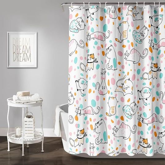 AILONEN Cat Shower Curtain,Cute Cat Bath Curtain,Pet Cat Kitten Bathroom Curtain Decor,Cartoon Animal Polyester Waterproof 72" W*78" H Shower Curtain for Boys Girls (12 Hooks)
