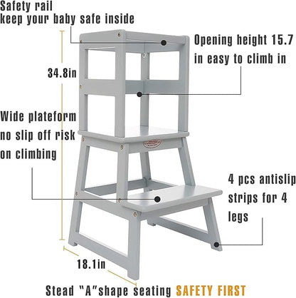 SDADI Kitchen Step Stool for Toddlers and Kids Ages 18 Months to 3 Years Old with Adjustable Height and Solid Wood Railings, Gray