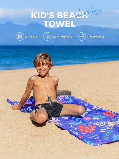 Kids Beach Towels 2 Pack 60''x30'', Quick Dry, Sand Free, Compact, Lightweight, Absorbent, Girls & Boys Large Microfiber Towels Gifts for Pool, Swim, Cruise Essentials